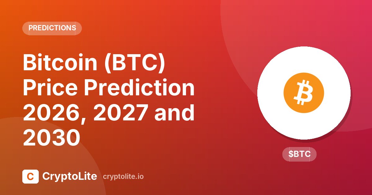 Bitcoin logo on a CryptoLite graphic about Bitcoin price prediction scenarios to 2030