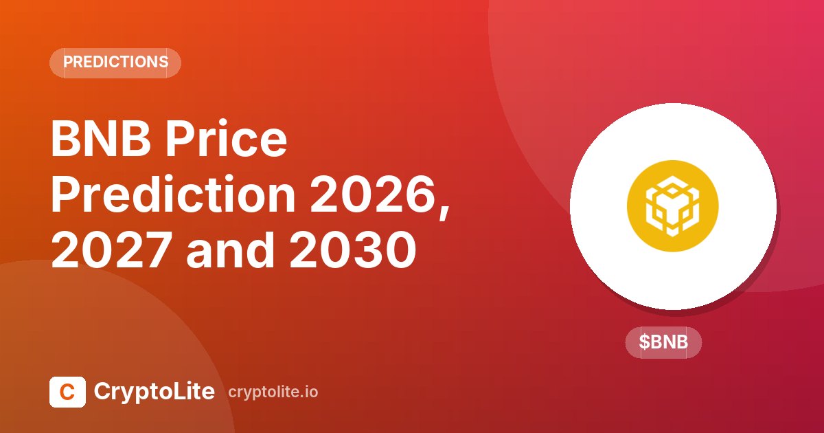 BNB logo on a CryptoLite graphic about BNB price prediction scenarios to 2030