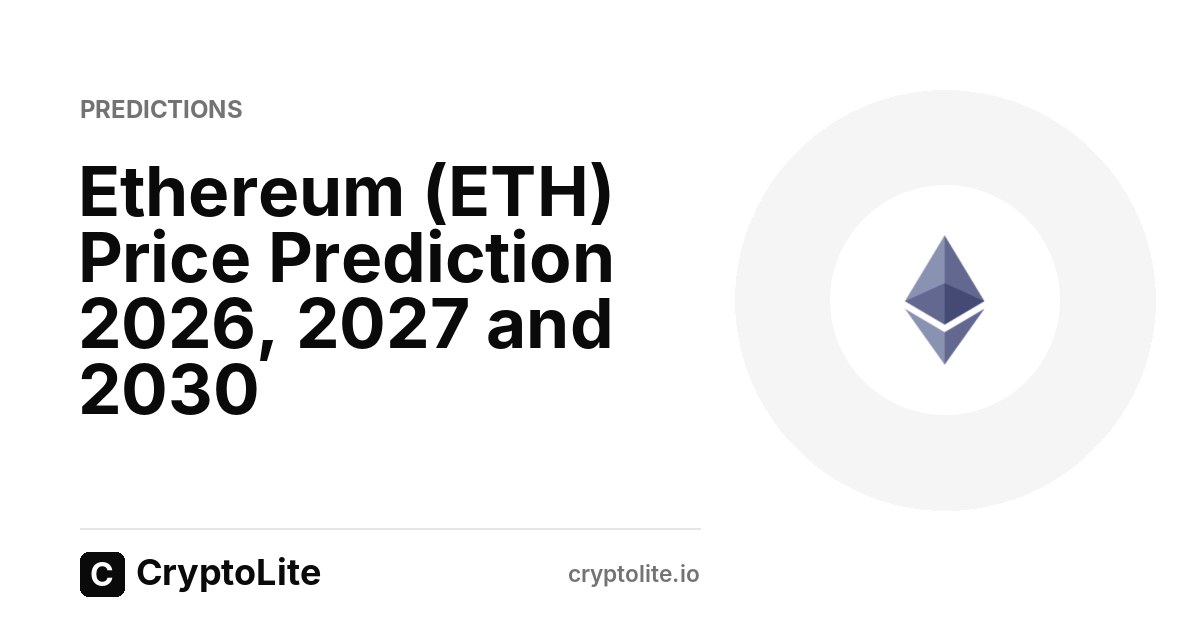 Ethereum logo on a CryptoLite graphic about Ethereum price prediction scenarios to 2030
