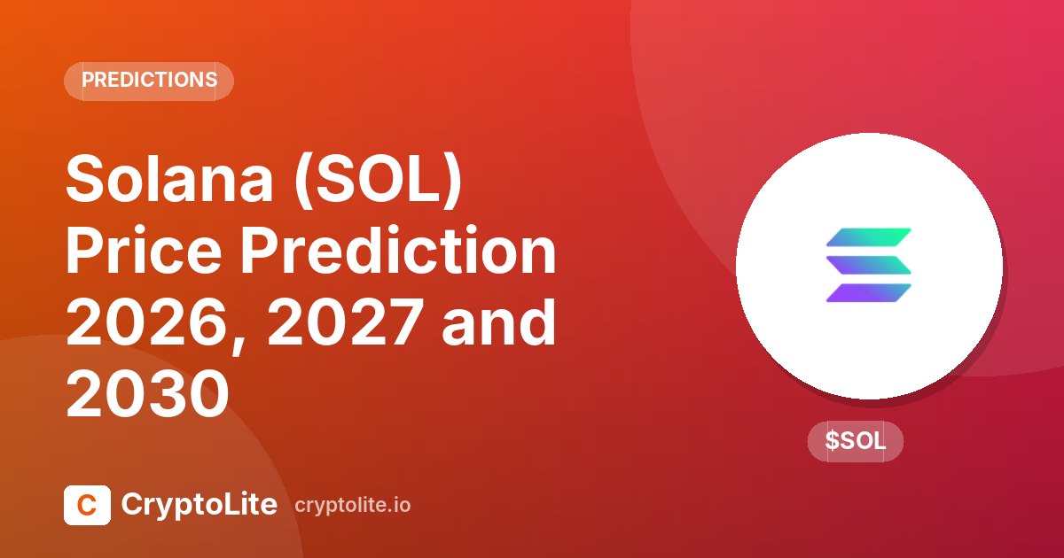 Solana logo on a CryptoLite graphic about Solana price prediction scenarios to 2030