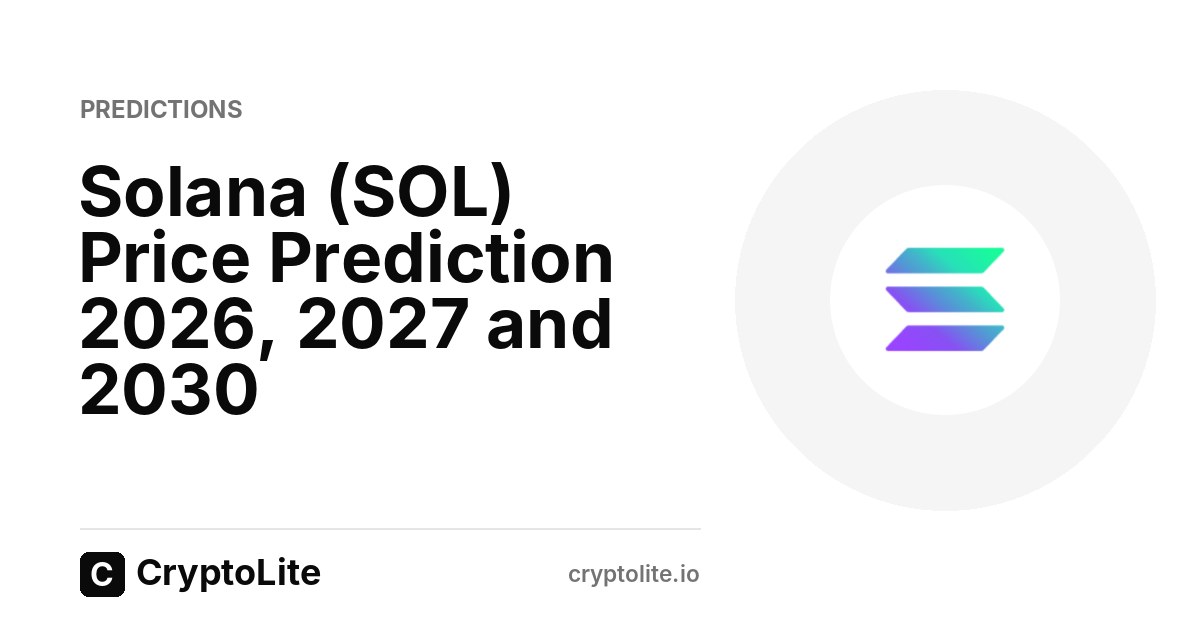 Solana logo on a CryptoLite graphic about Solana price prediction scenarios to 2030