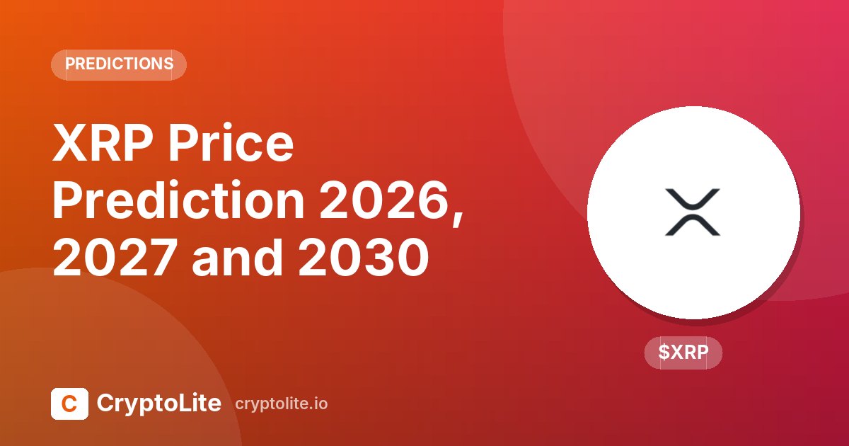 XRP logo on a CryptoLite graphic about XRP price prediction scenarios to 2030