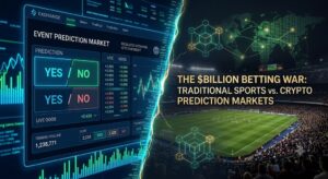 A futuristic digital split-screen displaying a regulated crypto event prediction market exchange interface next to a traditional sports soccer stadium.